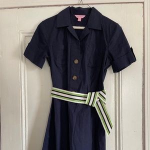 Lilly Pulitzer Size 6 Navy Cotton Dress Cotton, Bright Green, White, Navy belt